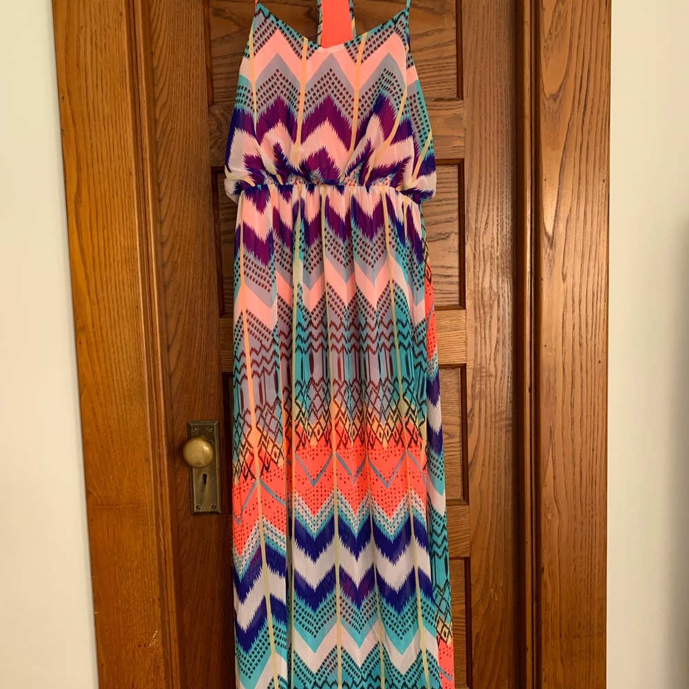 NYC boutique floor length summer dress in neon multi colors with short slip